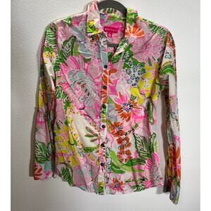 Lilly Pulitzer Floral Button Front Shirt Women Small Pink Green Cotton